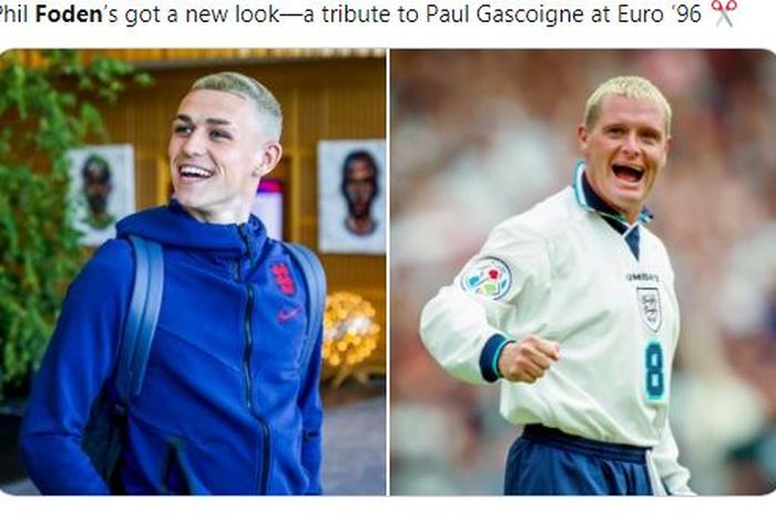 Gaya rambut baru bintang Timnas Inggris, Phil Foden, yang mirip dengan legenda Inggris, Paul Gascoigne.