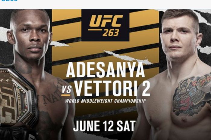 Poster pertandingan laga utama duel perebutan gelar juara kelas menengah antara Israel Adesanya vs Marvin Vettori di UFC 263 pada 12 Juni mendatang.