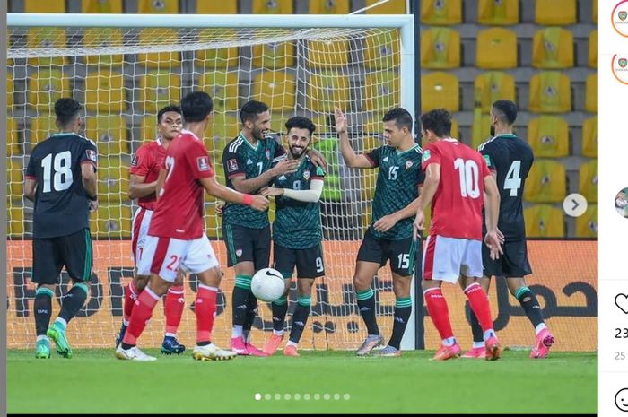 Para pemain Timnas UEA ketika merayakan golnya ketika menghadapi Timnas Indonesia, Jumat (11/6/2021) malam WIB.