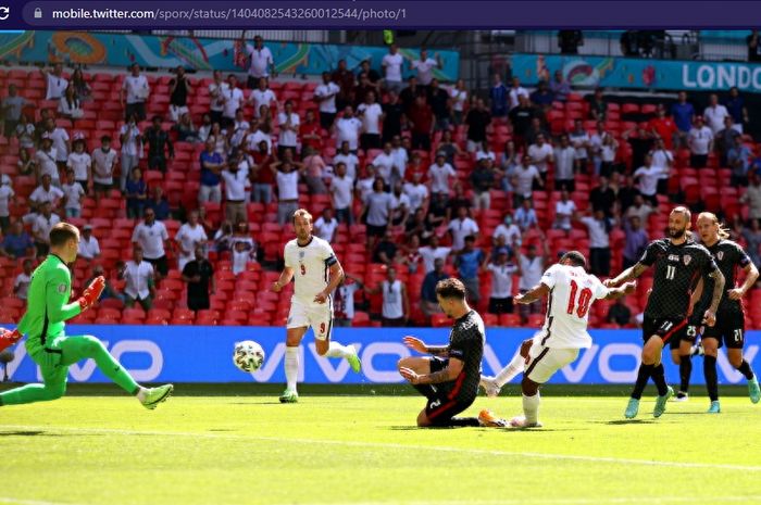 Proses gol pemain timnas Inggris, Raheem Sterling, ke gawang timnas Kroasia dalam laga pembuka grup D Euro 2020, Minggu (13/6/2021) dengan kick-off mulai pukul 02.00 WIB di Stadion Wembley