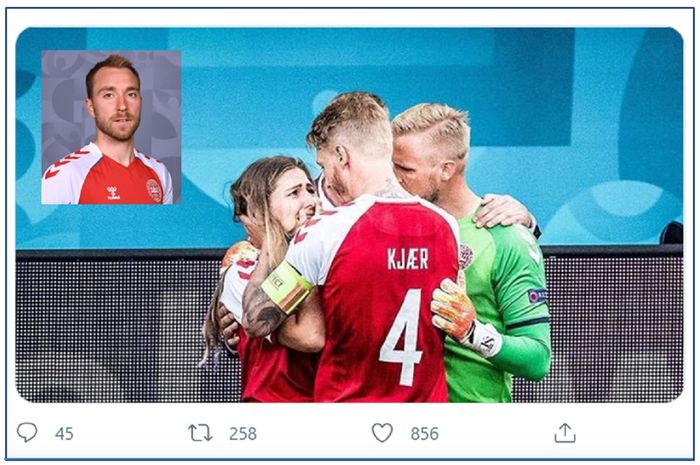 Kapten Timnas Denmark Simon Kjaer bersama kiper Kasper Schmeichel menenangkan Sabrina, istri Christian Eriksen (insert) yang kolaps di lapangan saat menghadapi Finlandia dalam Euro 2020 di Stadion Parken, Copenhagen, Sabtu (12/6/2021) malam WIB.