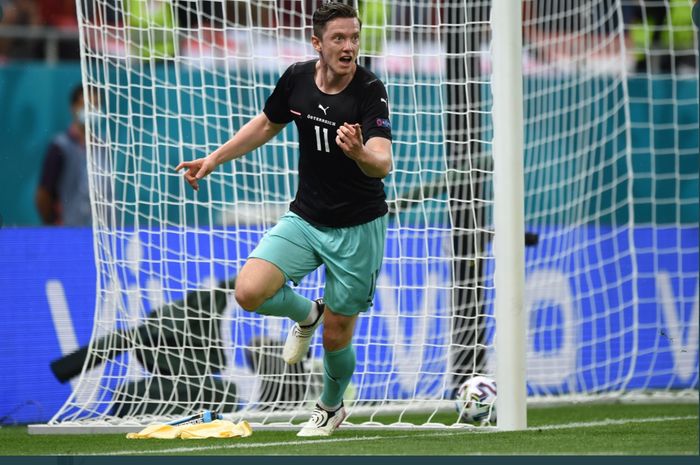 Michael Gregoritsch, mencetak gol ke-700 Piala Eropa dalam laga Austria vs Makedonia Utara di Grup C EURO 2020, Minggu (13/6/2021) di Bukares. 