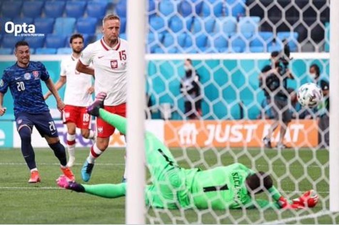 Kiper timnas Polandia, Wojciech Szczesny, mencetak gol bunuh diri dalam laga Grup E EURO 2020 kontra timnas Slovakia di Stadion Saint Petersburg, Senin (14/6/2021).