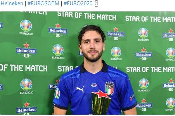 Gelandang Timnas Italia, Manuel Locatelli, dinobatkan sebagai Man of The Match laga Euro 2020 Italia Vs Swiss,  Kamis (17/6/2021) dini hari WIB.