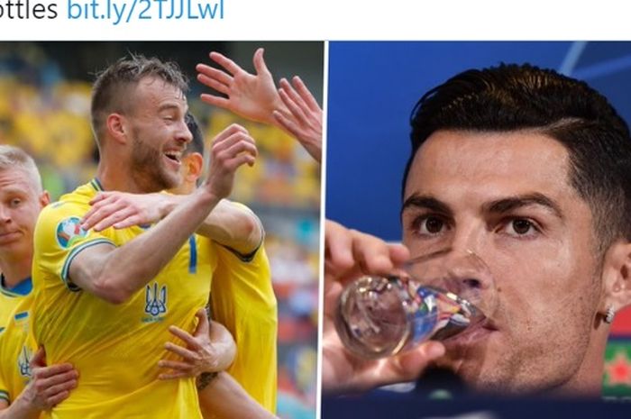 Bintang Ukraina, Andriy Yarmolenko, menyentil aksi Cristiano Ronaldo dengan memamerkan botol sponsor EURO 2020, Coca-Cola dan Heineken.