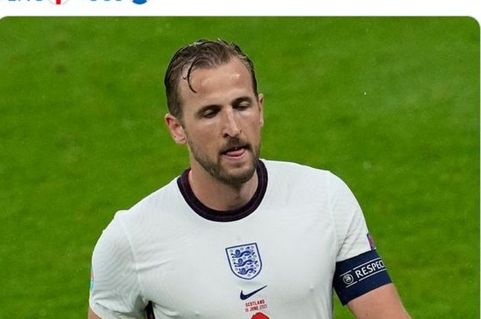 Ekspresi striker timnas Inggris, Harry Kane, dalam laga Grup D EURO 2020 kontra timnas Skotlandia di Stadion Wembley, Jumat (18/6/2021).