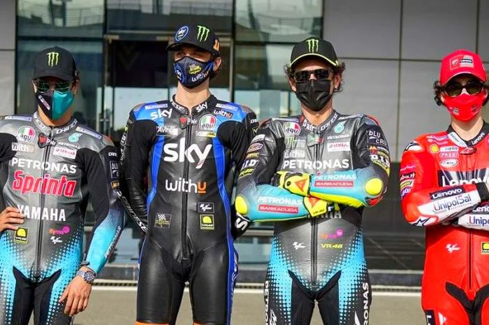 Sebagian dari wakil Italia pada kejuaraan dunia MotoGP 2021 (dari kiri ke kanan), Franco Morbidelli, Luca Marini, Valentino Rossi, dan Francesco Bagnaia.