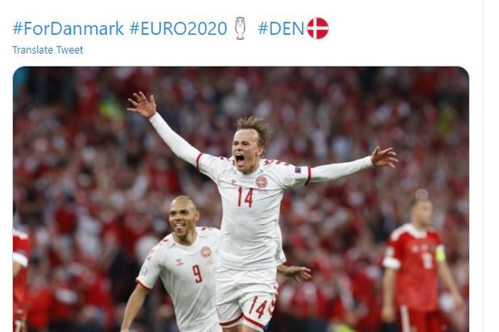 Selebrasi winger Denmark, Mikkel Damsgaard usai menang 4-1 atas Rusia di laga terakhir grup B EURO 2020, Senin (21/6/2021).