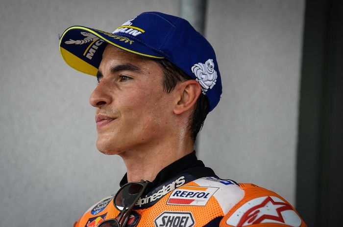 Pembalap Repsol Honda, Marc Marquez, setelah finis pertama pada MotoGP Jerman di Sirkuit Sachsenring, Minggu (20/6/2021).