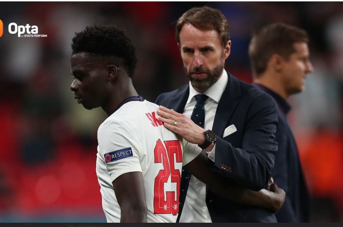 Pelatih timnas Inggris, Gareth Southgate, bersama Bukayo Saka dalam duel Euro 2020 melawan Rep Ceska, 22 Juni 2021.