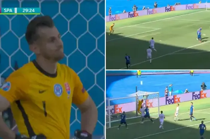 Kiper Slovakia, Martin Dubravka, saat melakukan kesalahan fatal yang berujung gol bunuh diri dalam laga melawan timnas Spanyol di Piala Eropa 2020, Rabu (23/6/2021)