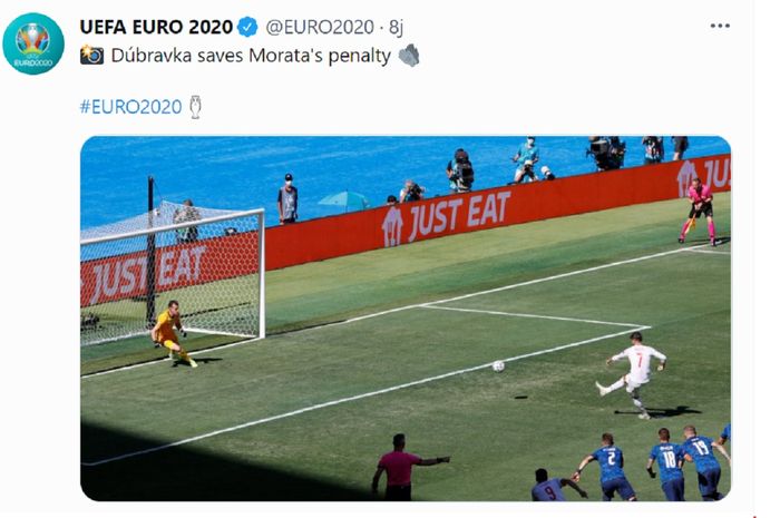 Striker Spanyol Alvaro Morata gagal dalam eksekusi penalti setelah dimentahkan kiper Slovakia Martin Dubravka dalam laga terakhir Grup E Euro 2020 di Stadion La Cartuja, Sevilla, Rabu (23/6/2021) malam WIB.