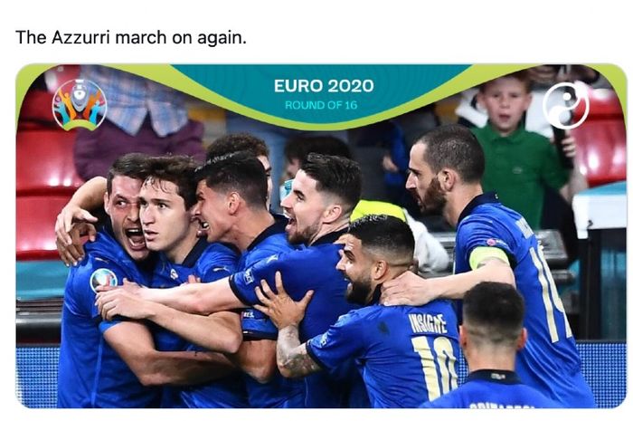 Selebrasi pemain Italia pada laga 16 besar EURO 2020 melawan Austria di Stadion Wembley, London, Inggris, Minggu (27/6/2021) dini hari WIB.