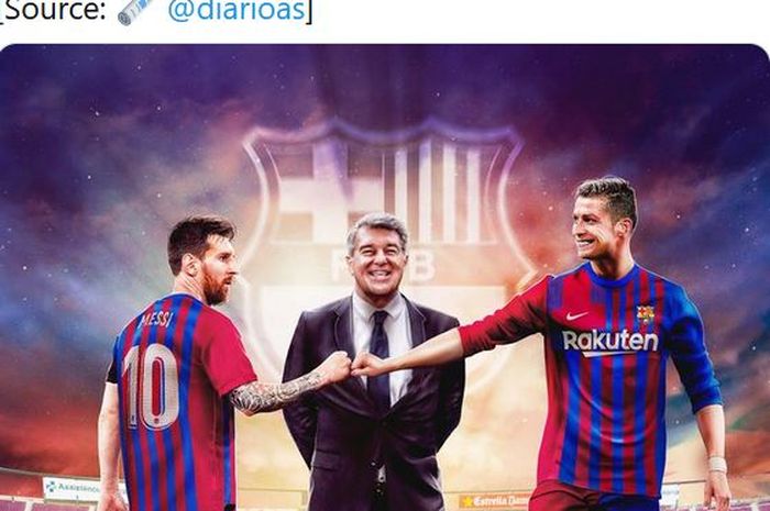 Presiden Barcelona, Joan Laporta, berada di antara Lionel Messi dan Cristiano Ronaldo.