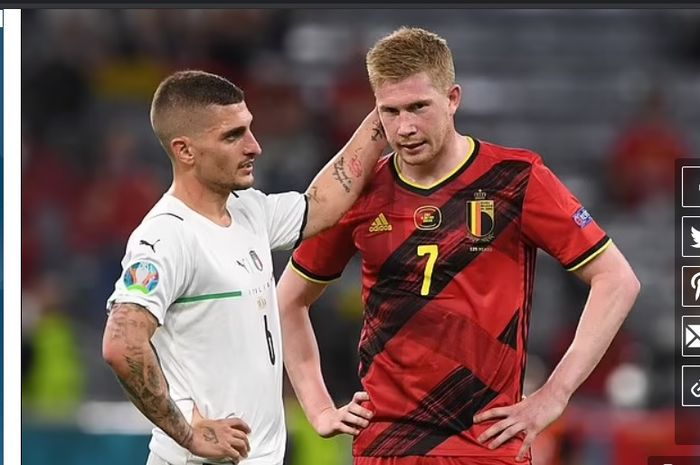 Ekspresi kekecewaan Kevin De Bruyne setelah Timnas Belgia takluk di tangan Italia, Sabtu (3/7/2021) dini hari WIB.