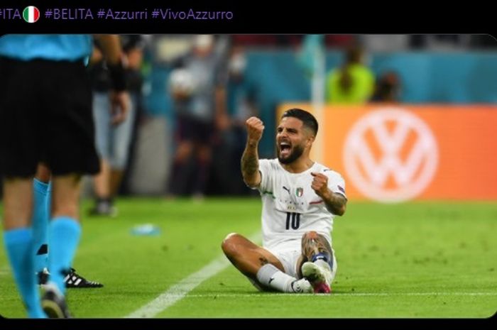 Gaya selebrasi Lorenzo Insigne usai mencetak gol kedua timnas Italia ke gawang timnas Belgia di perempat final EURO 2020