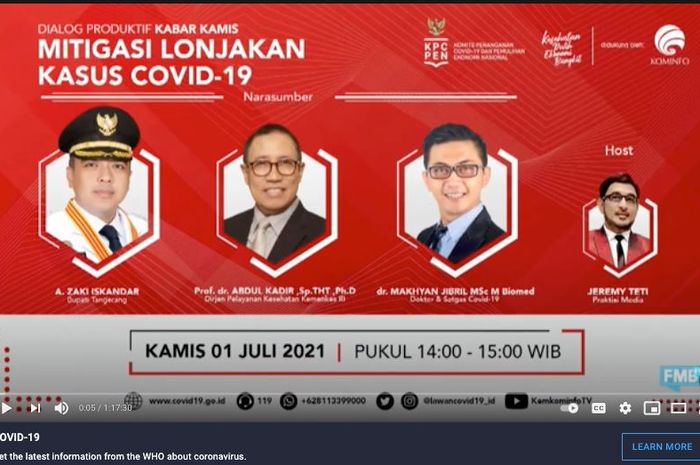 Dialog Produktif bertajuk &ldquo;Mitigasi Lonjakan Kasus Covid-19&rdquo; digelar KPCPEN dan ditayangkan di FMB9ID_IKP, Kamis, 1 Juli 2021.