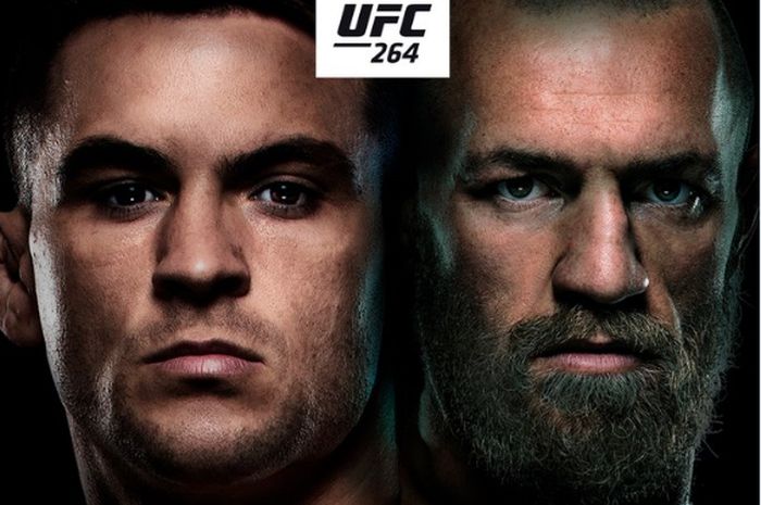 Poster pertandingan duel trilogi Dustin Poirer vs Conor McGregor di acara utama UFC 264 pada 10 Juli mendatang.