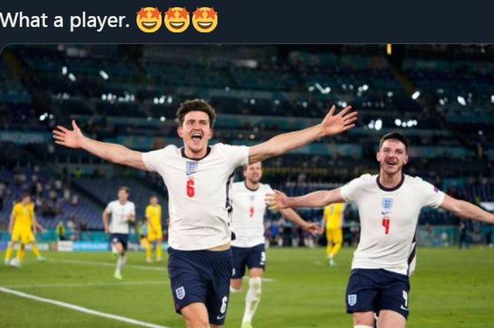 Harry Maguire merayakan golnya untuk timnas Inggris ke gawang Ukraina di Euro 2020.