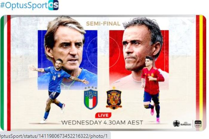  Link live streaming semifinal EURO 2020 menampilkan adu ketajaman Italia kontra Spanyol yang bisa disaksikkan dengan akses Mola dari BolaSport.com.