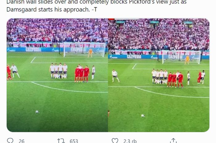 Inilah situasi yang terjadi ketika pemain Denmark akan melakukan free-kick ke gawang Inggris dalam semifinal Euro 2020 di Stadion Wembley, London, Rabu (7/7/2021) malam waktu setempat atau Kamis dini hari WIB. 