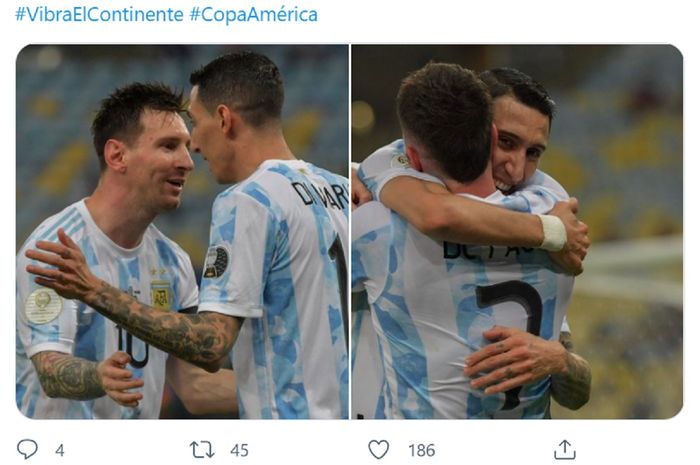 Angel Di Maria selebrasi dengan Lionel Messi usai mencetak gol dalam final Copa America 2021 Argentina versus Brasil di Stadion Maracana, Rio de Janeiro, Minggu (11/7/2021) pagi WIB.