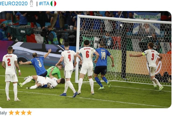 Gol Leonarod Bonucci menjebol gawang Inggris pada final EURO 2020 di Stadion Wembley, London, Inggris, Senin (12/7/2021) dini hari WIB.