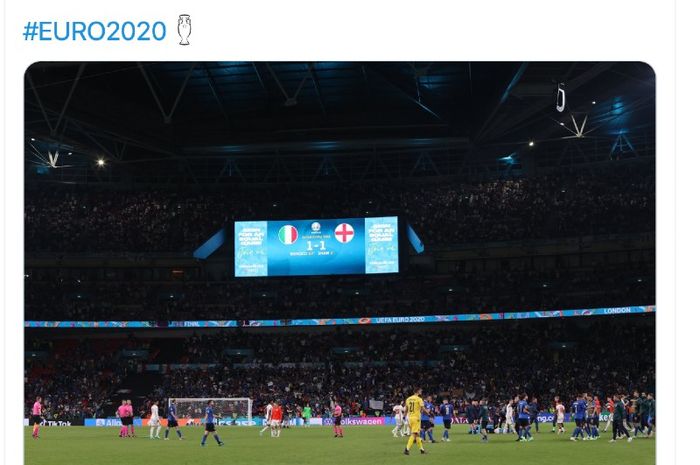 Pertandingan final EURO 2020 antara Inggris dan Italia harus ditentukan via adu penalti usai kedua tim imbang 1-1 selama 120 menit pada laga di Stadion Wembley, London, Inggris, Senin (12/7/2021) dini hari WIB.