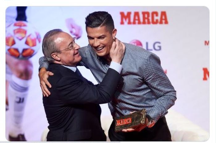 Momen kebersamaan antara presiden Real Madrid, Florentino Perez (kiri) dengan Cristiano Ronaldo.