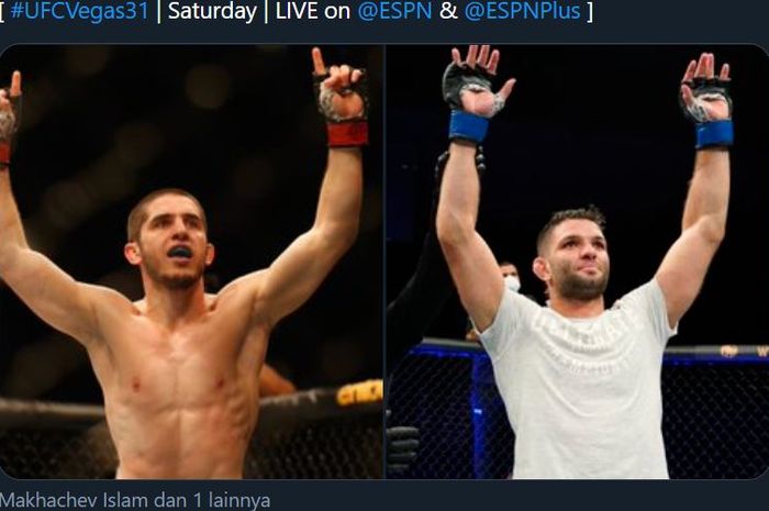 Kolase foto Islam Makhachev (kiri) dan Thiago Moises (kanan) sebelum bertarung pada UFC Vegas 31 di Las Vegas, Nevada, Amerika Serikat, Sabtu (17/7/2021). 