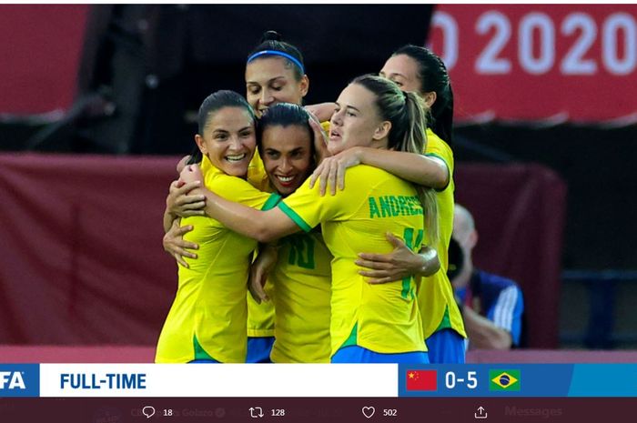 Brasil membuka Olimpiade 2020 cabor sepak bola wanita dengan kemenangan atas China di Rifu, 21 Juli 2021.