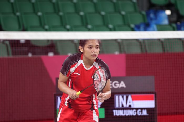 Pebulu tangkis tunggal putri Indonesia, Gregoria Mariska Tunjung, pada babak penyisihan pertama di Musashino Forest Sport Plaza, Minggu (25/7/2021).