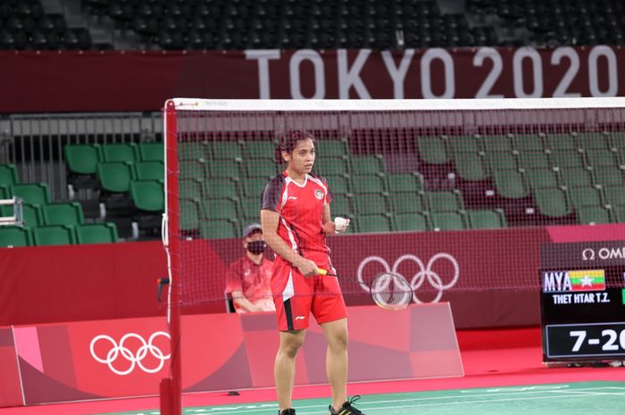 Pebulu tangkis tunggal putri Indonesia, Gregoria Mariska Tunjung, pada babak penyisihan pertama di Musashino Forest Sport Plaza, Minggu (25/7/2021).