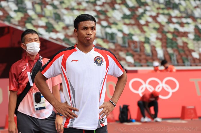 Sprinter putra Indonesia, Lalu Muhammad Zohri, menjalani latihan jelang pertandingan atletik 100 meter putra pada Olimpiade Tokyo 2020 di Stadion Olympic, Tokyo, Jepang, Kamis (29/7/2021).