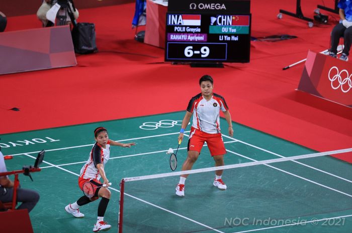 Pasangan ganda putri Indonesia, Greysia Polii/Apriyani Rahayu, pada perempat final Olimpiade Tokyo 2020 di Musashino Forest Plaza, Jepang, Kamis (29/7/2021).