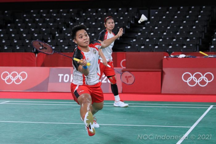 Pasangan ganda putri Indonesia, Greysia Polii/Apriyani Rahayu, pada perempat final Olimpiade Tokyo 2020 di Musashino Forest Plaza, Jepang, Kamis (29/7/2021).