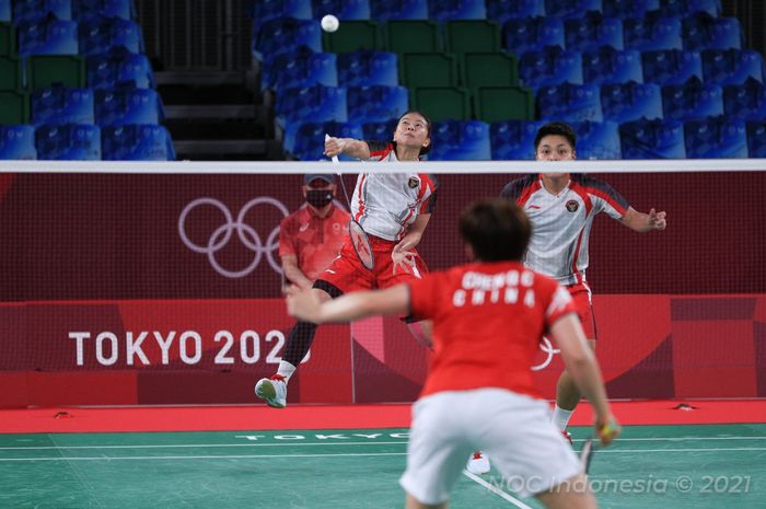 Pasangan ganda putri Indonesia, Greysia Polii/Apriyani Rahayu, berlaga pada final Olimpiade Tokyo 2020 di Musashino Forest Plaza, Senin (2/8/2021).