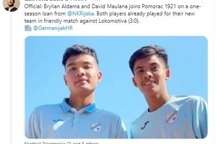 Duo gelandang timnas U-19 Indonesia di HNK Rijeka, Brylian Aldama dan David Maulana.