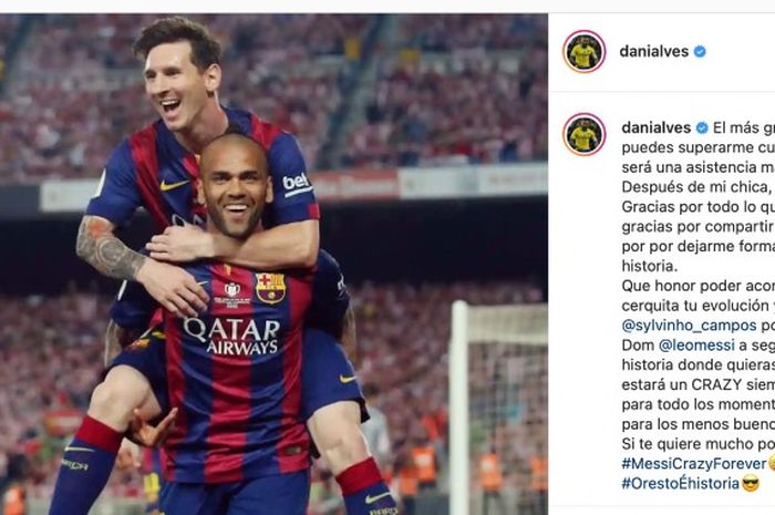 Unggahan Instagram Dani Alves bersama Lionel Messi saat keduanya masih di Barcelona.