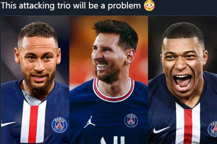 Neymar, Lionel Messi, dan Kylian Mbappe, trio penyerang Paris Saint-Germain.