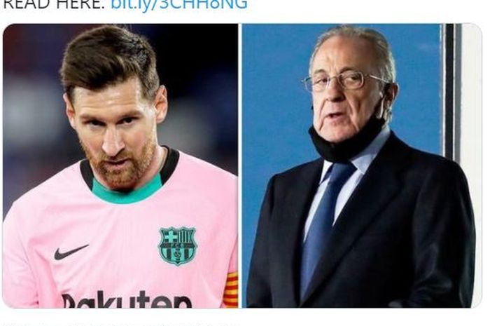 Presiden Real Madrid, Florentino Perez (kanan) dituding memiliki andil dalam kepergian Lionel Messi (kiri) dari Barcelona.