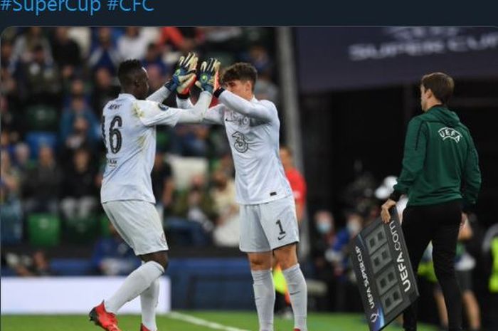 Momen Kepa Arrizabalaga masuk menggantikan Edouard Mendy dalam duel Piala Super Eropa Chelsea vs Villarreal, 11 Agustus 2021.