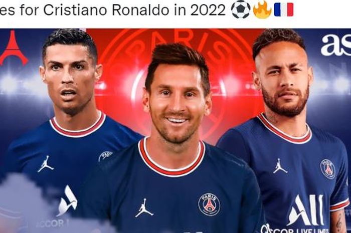 Ilustrasi Cristiano Ronaldo, Lionel Messi, dan Neymar menggunakan kostum Paris Saint-Germain.