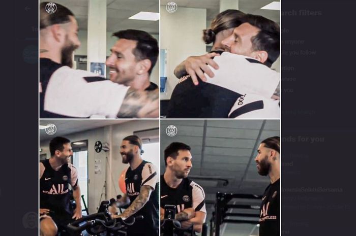 Lionel Messi berpelukan dengan Sergio Ramos dalam kunjungan pertama ke pusat latihan Paris Saint-Germain (PSG).