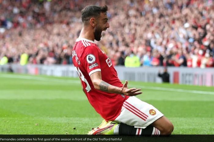 Ekspresi pemain Manchester United, Bruno Fernandes, usai mencetak gol melawan Leeds United di Old Trafford, Sabtu (14/8/2021)