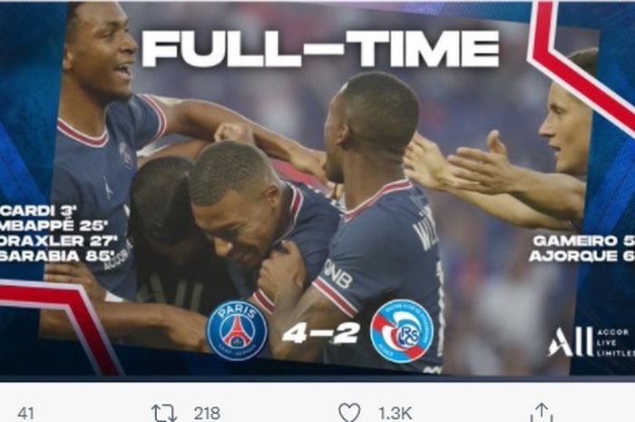 PSG sempat direpotkan sebelum mengalahkan Strasbourg 4-2 dalam laga pekan ke-2 Liga Prancis, Sabtu (14/8/2021) di Parc des Princes, Paris.