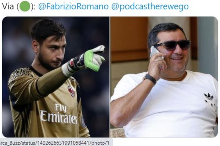 Mino Raiola (kanan) disebut sebagai biang keladi atas perginya Gianluigi Donnarumma (kiri) dari AC Milan.