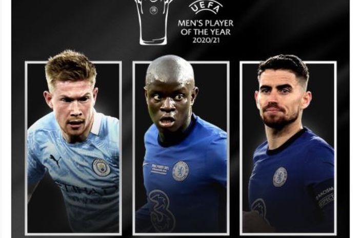 Dari kiri ke kanan, Kevin De Bruyne, N'Golo Kante, dan Jorginho, menjadi nominasi Pemain Terbaik UEFA 2020-2021.