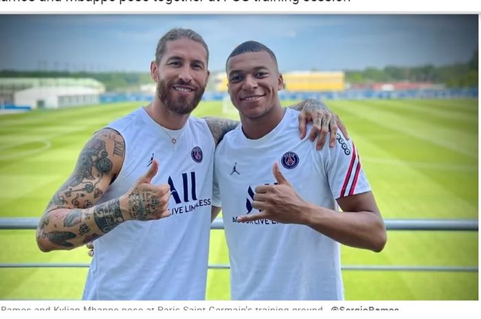 Sergio Ramos (kiri) dan Kylian Mbappe (kanan).