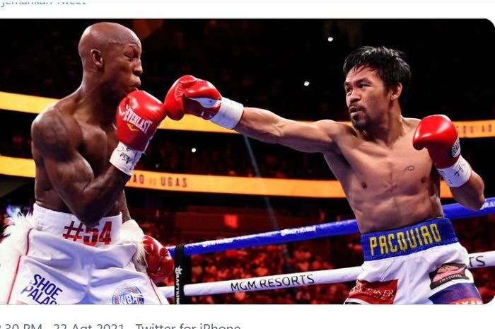 Aksi Manny Pacquiao saat melawan Yordenis Ugas pada Minggu (22/8/2021) WIB